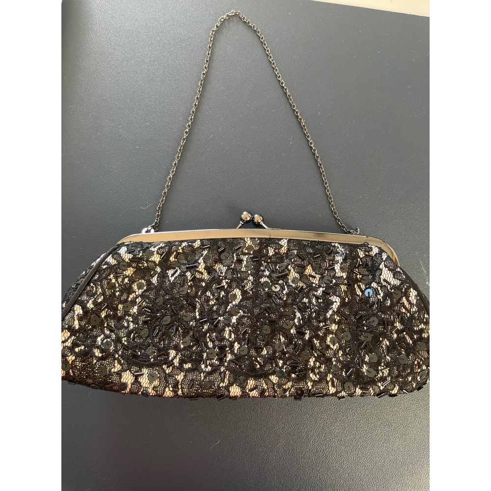 White House Black Market Black Beaded Sequin Clasp Evening Clutch Chain Bag